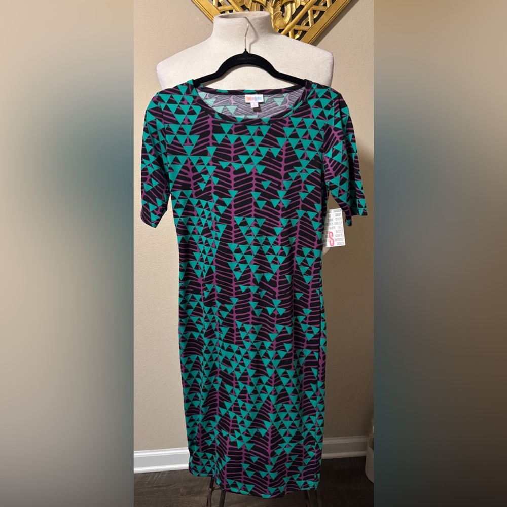 LuLaRoe Julia Purple and Teal Sheath Geometric Dress Size Small